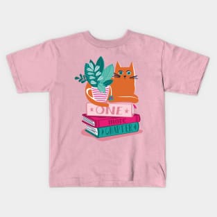 One more chapter // spot // pastel pink background orange tabby cat striped mug with plants orange teal and yellow books with quote Kids T-Shirt